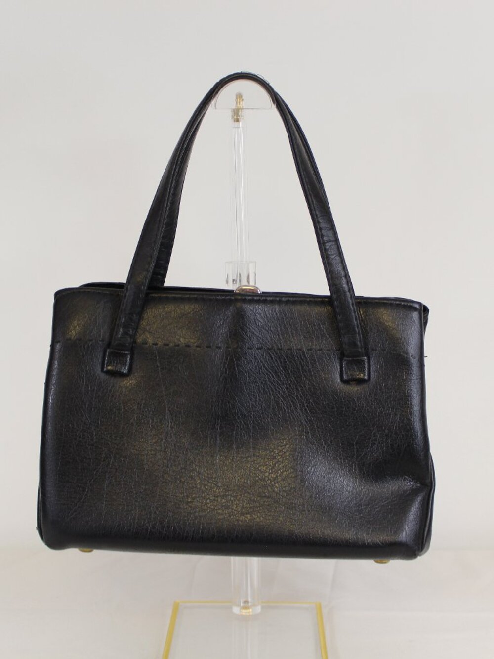 Vintage Black Leather Structured Shoulder Bag Gold Frame Top Handle Quiet Luxury